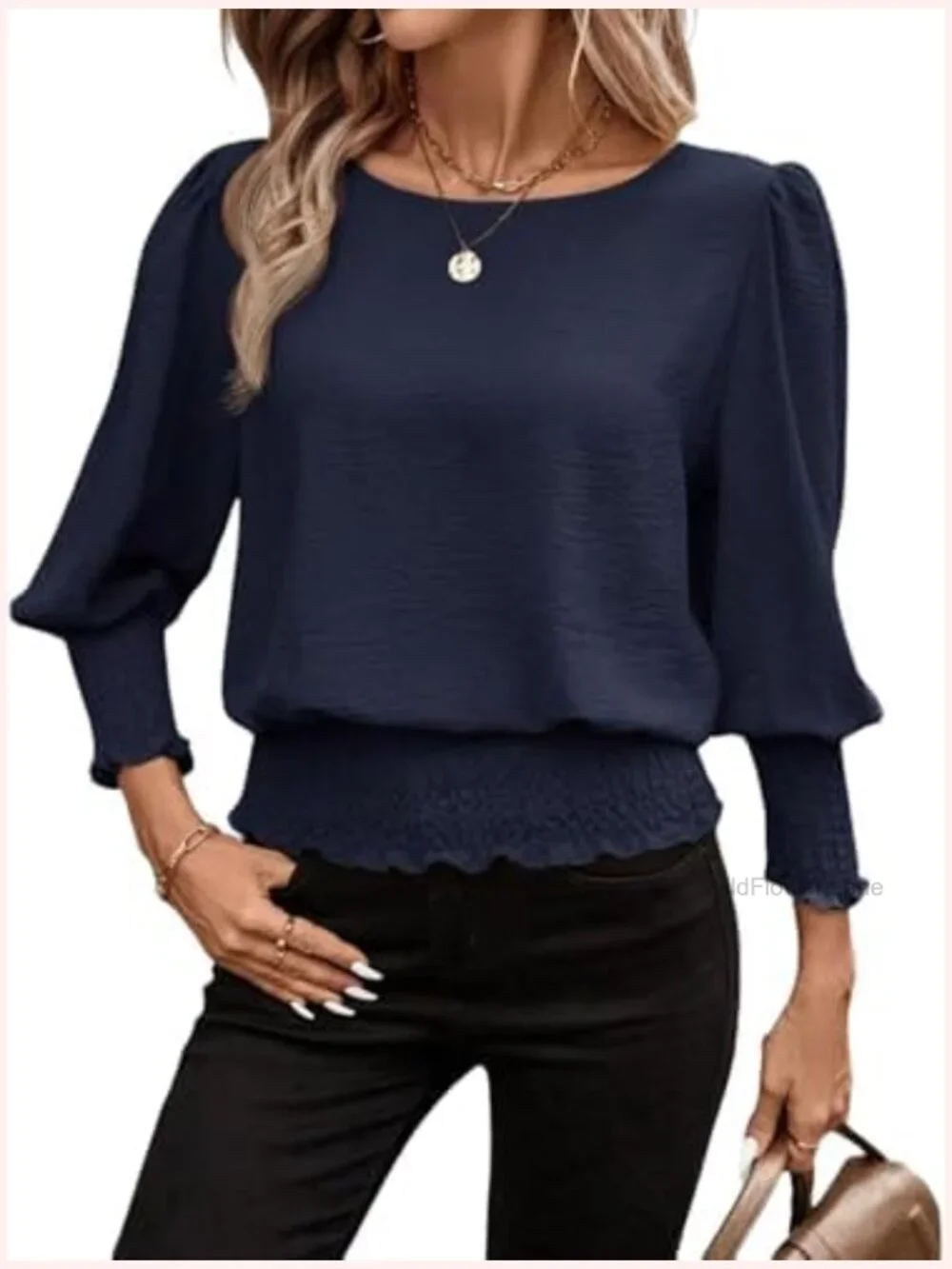 Smocked Elastic Cinched Waist Blouse 3/4 Sleeve Top - Picture 1 of 7